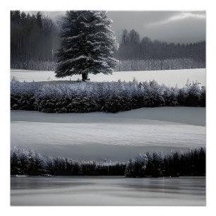 Winterlandschap en -boom, zwart-wit - kunst perfect poster