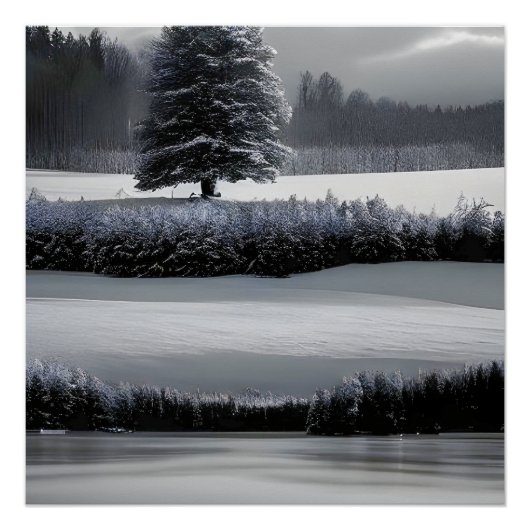 Winterlandschap en -boom, zwart-wit - kunst perfect poster (Voorkant)