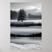 Winterlandschap en -boom, zwart-wit - kunst poster (Voorkant)