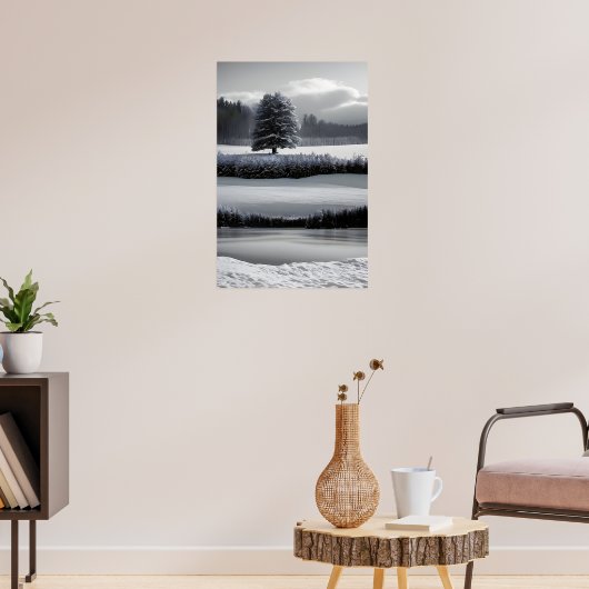 Winterlandschap en -boom, zwart-wit - kunst poster (Woonkamer 3)