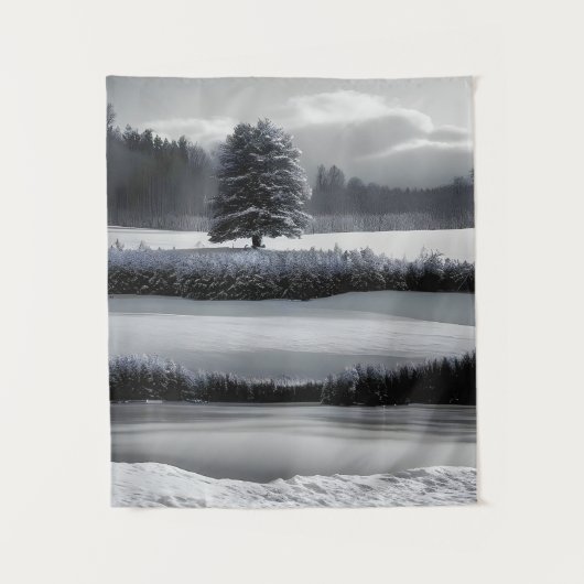 Winterlandschap en -boom, zwart-wit - kunst wandkleed (Voorkant)