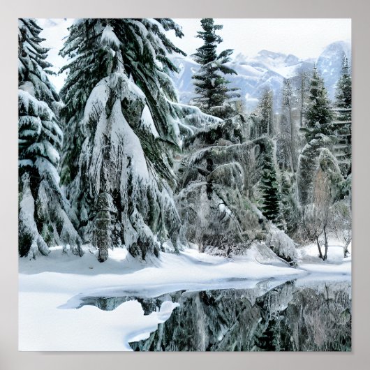 Winterlandschap Groene Bomen Sneeuw Bergen Poster (Voorkant)