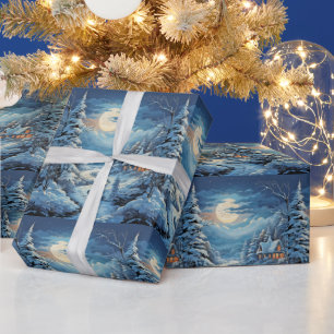 Winterlandschap Houten Hut Dennenbomen Rivier Cadeaupapier