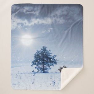 Winterlandschap in blauwe kleur. Eenzame boom en w Sherpa Deken