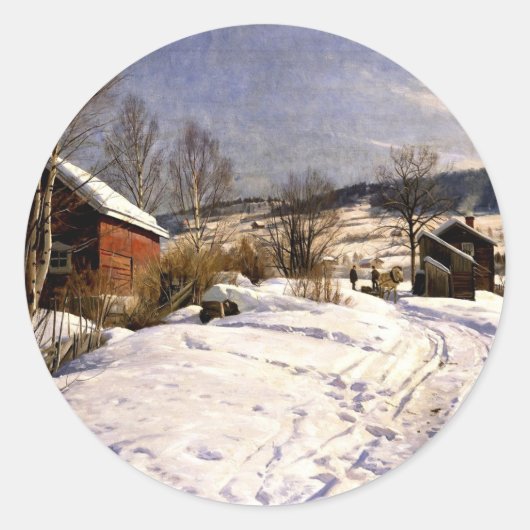 Winterlandschap in Lillehammer, kunstschilderkunst Ronde Sticker (Voorkant)