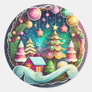 Winterlandschap Kerstkrans Ronde Sticker