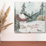 Winterlandschap Lakeside Cabine geen plek zoals th Vierkante Klok<br><div class="desc">Winter Landscape Lakeside cabineklok geschreven met "Er is No Place like Home" in trendy script typografie. Het landontwerp heeft een waterverf plaats van een lakeside,  dennenbomen,  een eend op het meer,  sneeuw en een slede.</div>