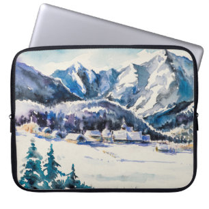 Winterlandschap met bergdorp bedekt met laptop sleeve