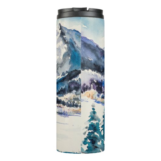 Winterlandschap met bergdorp bedekt met thermosbeker (Achterkant)