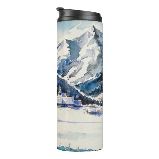 Winterlandschap met bergdorp bedekt met thermosbeker (Geroteerd rechts)