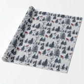 Winterlandschap met bomen, rode vogels en sneeuw cadeaupapier (Uitgerold)