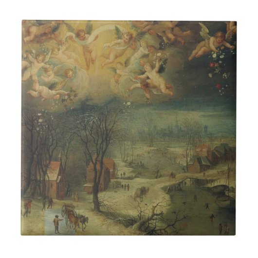 Winterlandschap met dorpelingen die hout verzamele tegeltje (Voorkant)