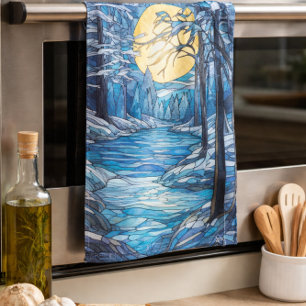 winterlandschap met gebrandschilderd glas theedoek