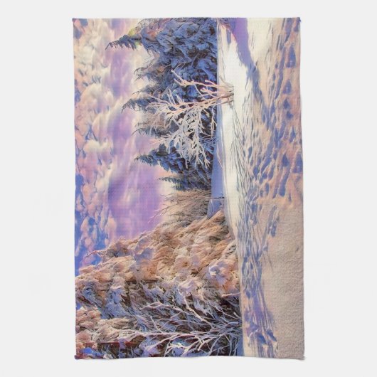 Winterlandschap met gesneeuwde bomen waterverf theedoek (Verticaal)