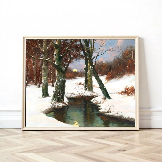 Winterlandschap met opkomende maan foto afdruk