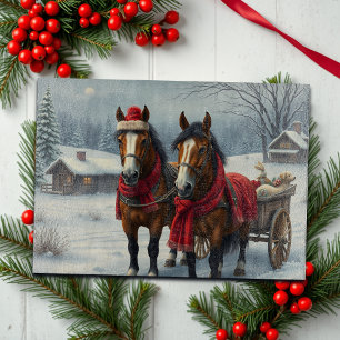 Winterlandschap met paarden en blokhut snijplank
