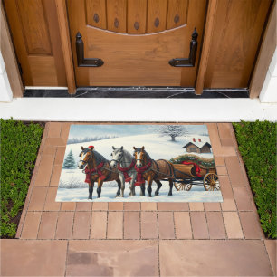Winterlandschap met paarden en hut deurmat