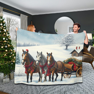 Winterlandschap met paarden en hut fleece deken