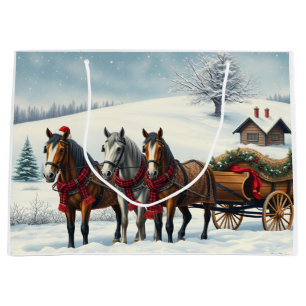 Winterlandschap met paarden en hut groot cadeauzakje