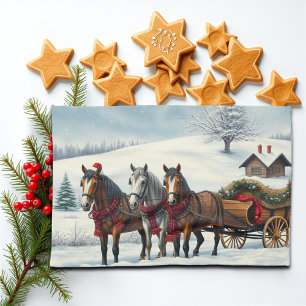 Winterlandschap met paarden en hut theedoek