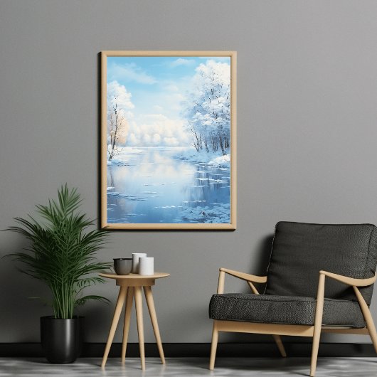 Winterlandschap met rustig bevroren meer poster