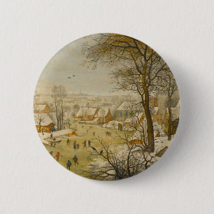 Winterlandschap met schaatsers en vogelval ronde button 5,7 cm