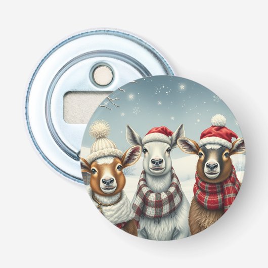 Winterlandschap met schapen en hutten button flesopener (Voorkant)