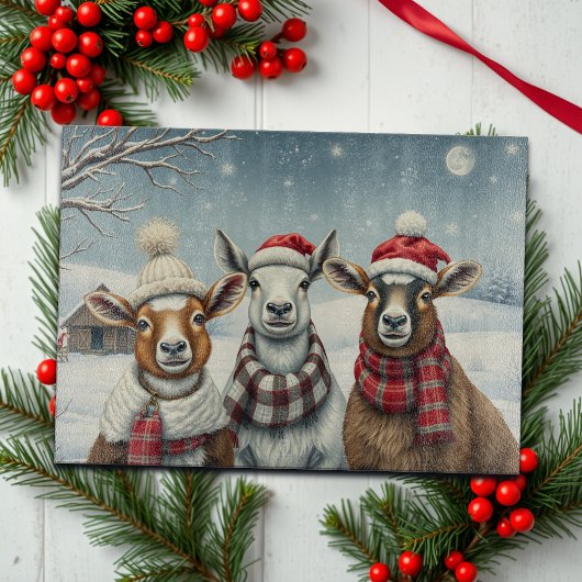 Winterlandschap met schapen en hutten snijplank