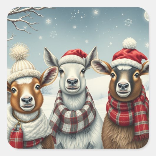 Winterlandschap met schapen en hutten vierkante sticker (Voorkant)