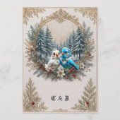Winterlandschap met schattig vogelbruidspaar. menu (Achterkant)