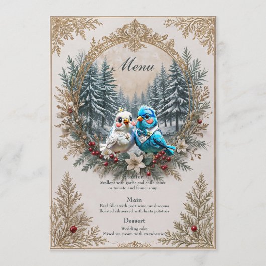Winterlandschap met schattig vogelbruidspaar. menu (Voorkant)