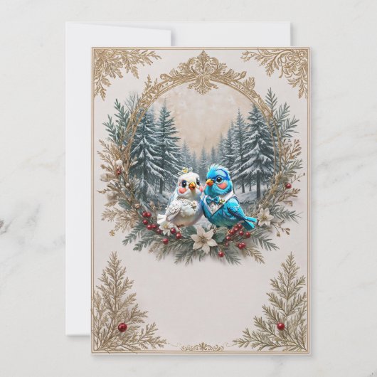 Winterlandschap met schattig vogelbruidspaar. save the date (Achterkant)