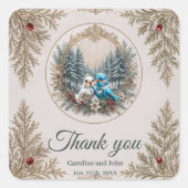 Winterlandschap met schattig vogelbruidspaar. vierkante sticker (Voorkant)