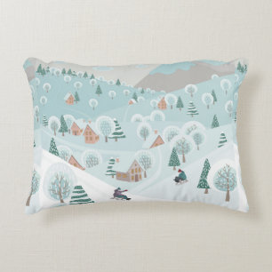 Winterlandschap met sneeuw, bomen en kinderen accent kussen
