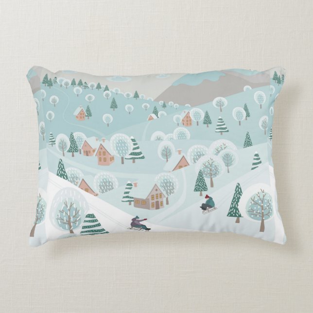 Winterlandschap met sneeuw, bomen en kinderen accent kussen (Voorkant)