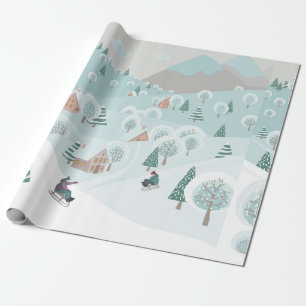Winterlandschap met sneeuw, bomen en kinderen cadeaupapier