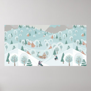 Winterlandschap met sneeuw, bomen en kinderen poster