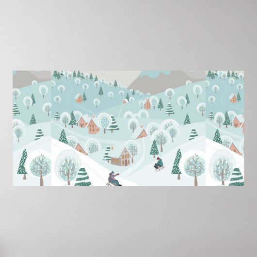 Winterlandschap met sneeuw, bomen en kinderen poster (Voorkant)