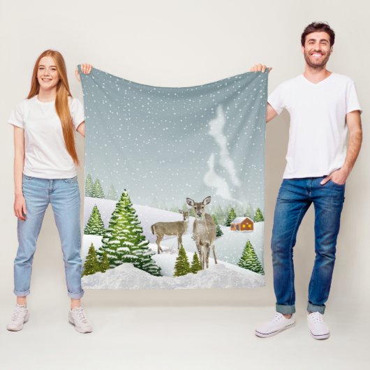 Winterlandschap met sneeuw en deer Cozy Fleece Deken (In situ)
