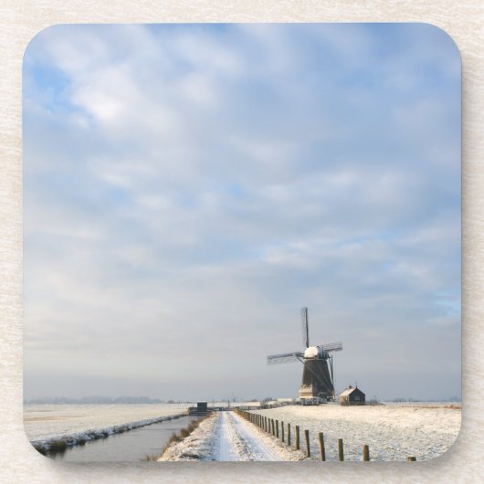 Winterlandschap met sneeuw en windmolen in Nederla Bier Onderzetter (Voorkant)