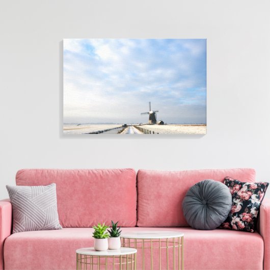 Winterlandschap met sneeuw en windmolen in Nederla Canvas Afdruk (Insitu (Woonkamer))