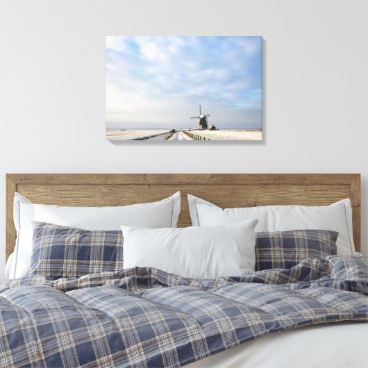 Winterlandschap met sneeuw en windmolen in Nederla Canvas Afdruk (Insitu (Slaapkamer))