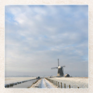 Winterlandschap met sneeuw en windmolen in Nederla Glazen Onderzetter