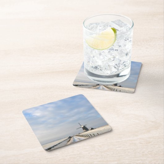 Winterlandschap met sneeuw en windmolen in Nederla Kartonnen Onderzetters (Insitu)