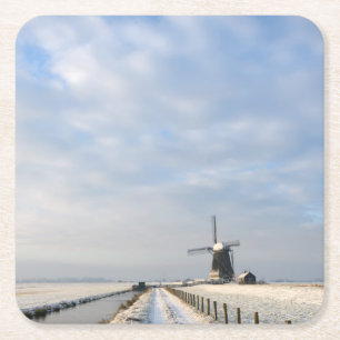 Winterlandschap met sneeuw en windmolen in Nederla Kartonnen Onderzetters