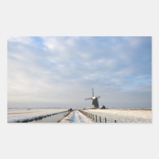 Winterlandschap met sneeuw en windmolen in Nederla Rechthoekige Sticker (Voorkant)
