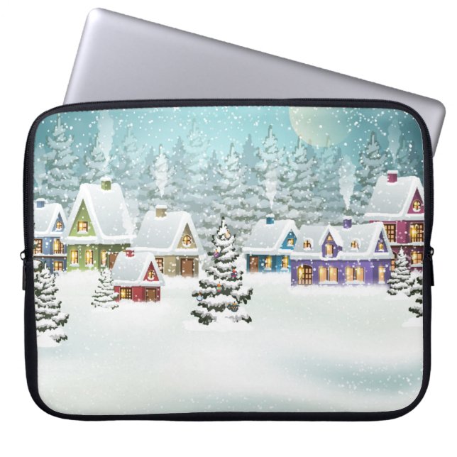 winterlandschap met sneeuwdekhuizen laptop sleeve (Voorkant)