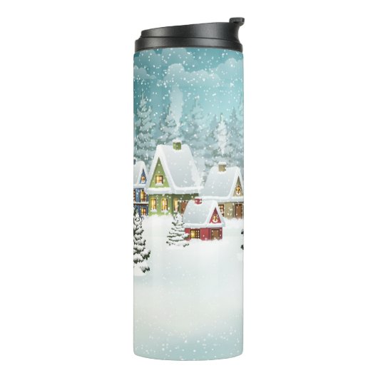 winterlandschap met sneeuwdekhuizen thermosbeker (Gedraaid links)