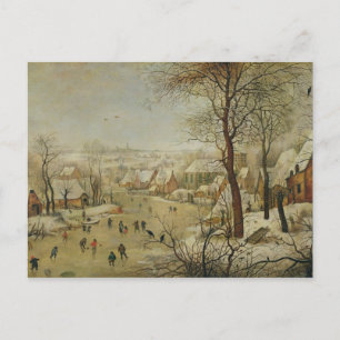 Winterlandschap met vogelvanger (olie op het panee briefkaart