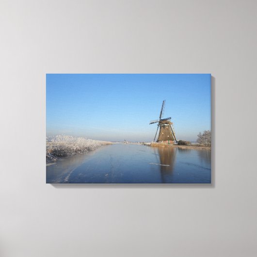 Winterlandschap met windmolen en ijs canvas afdruk (Voorkant)